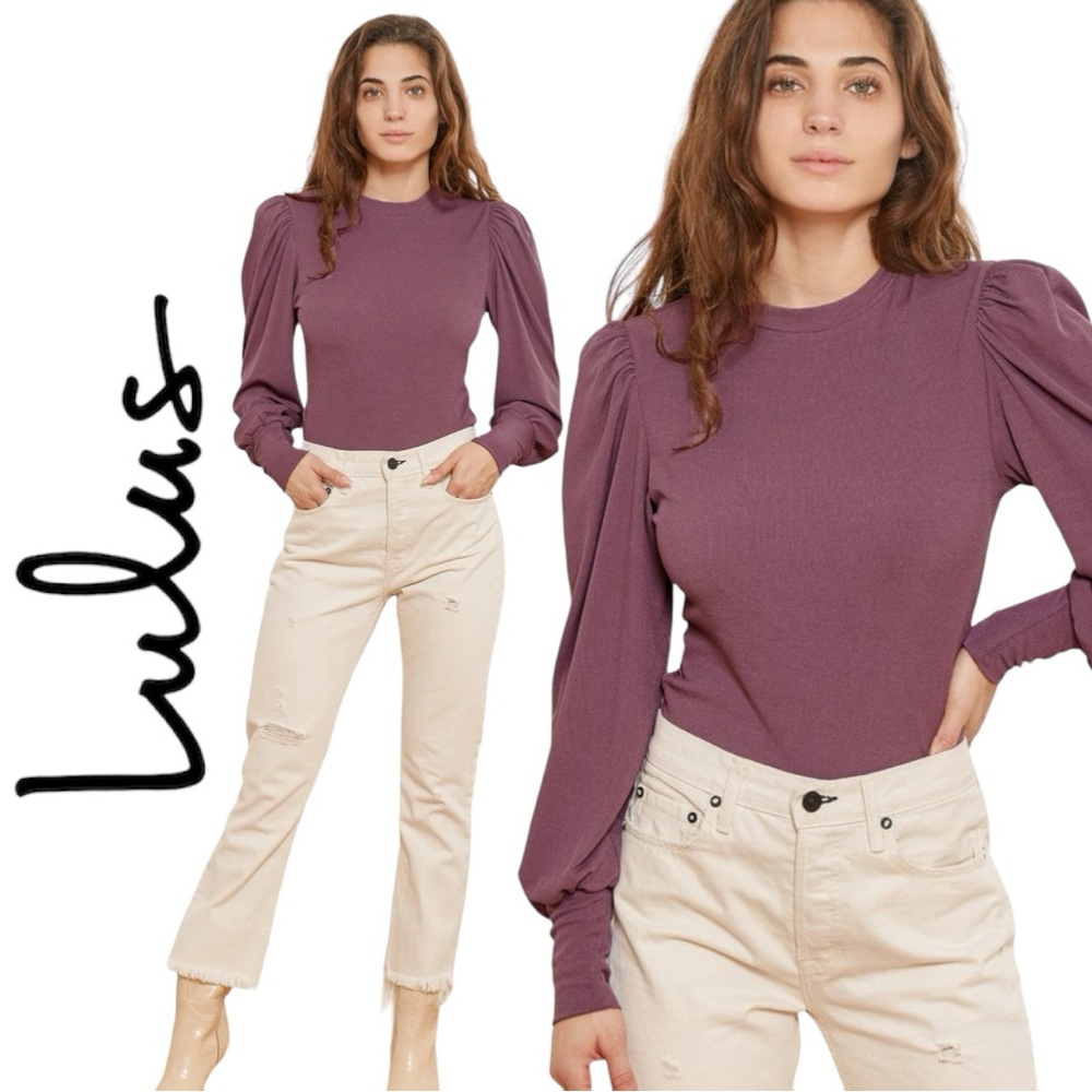 LULUS Made an Impression Purple Ribbed Long Balloon Sleeve Top Size Medium